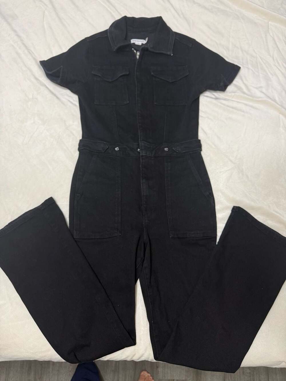 Good American Denim Jumpsuit Size L Black Short Sleeve Zip Front